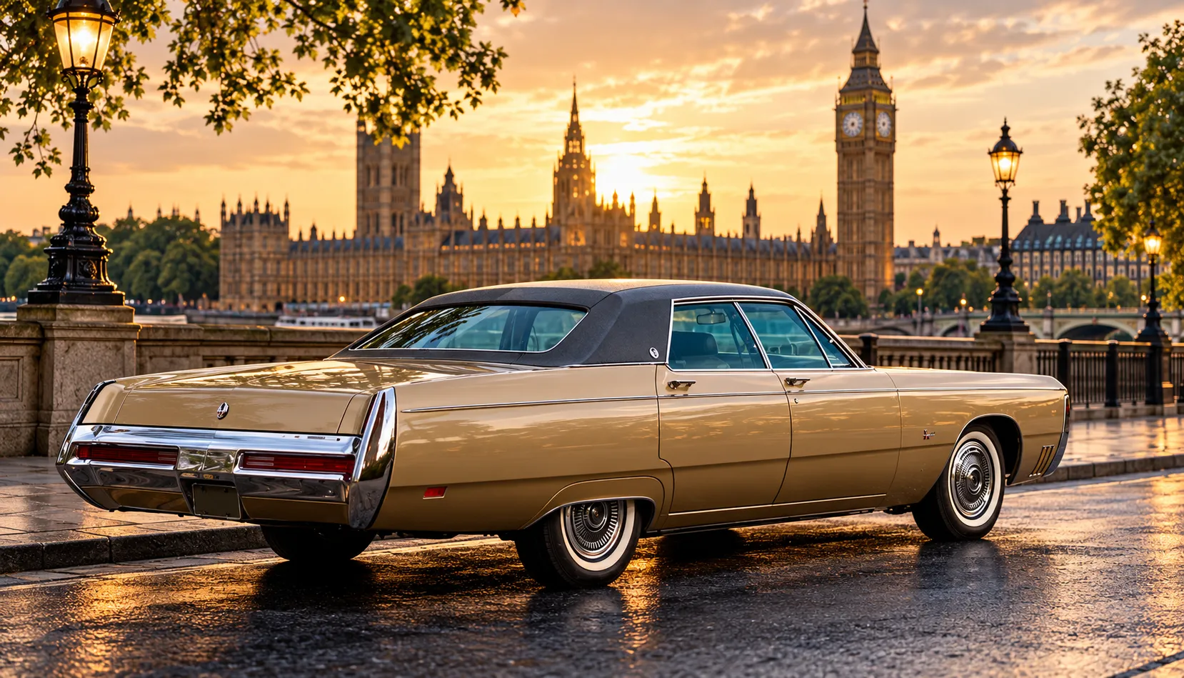 Lincoln Town Car limo in London at sunset
